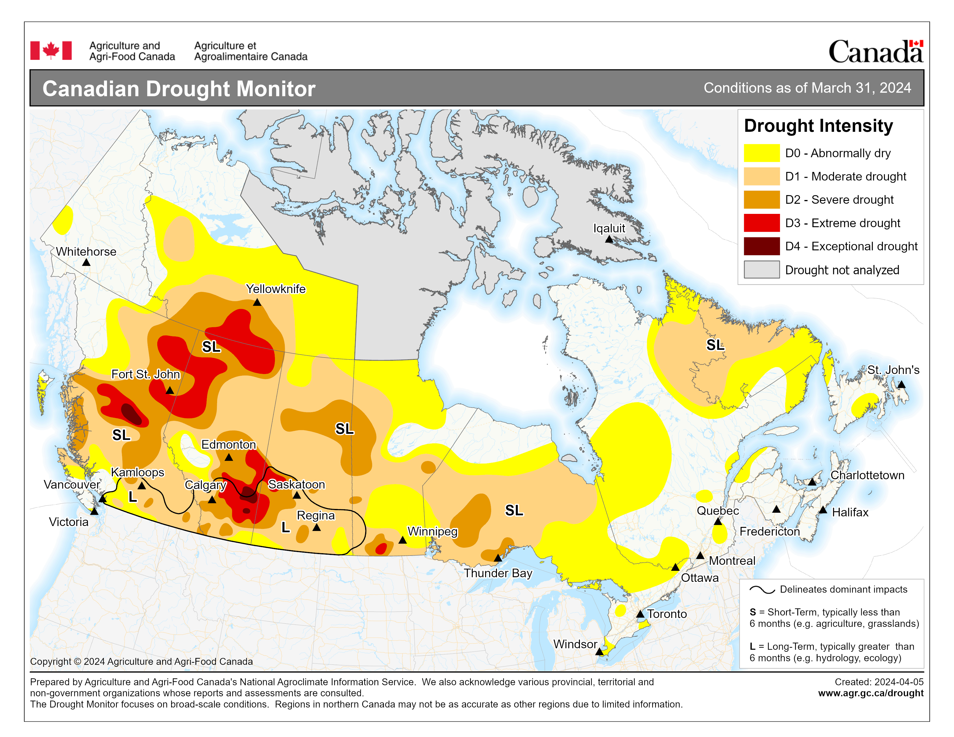 Map showing the Canadian Drought Monitor for conditions as of March 31, 2024